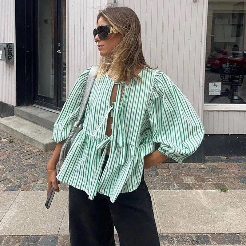 Bowknot Striped Puff Sleeve Cut Out Blouse