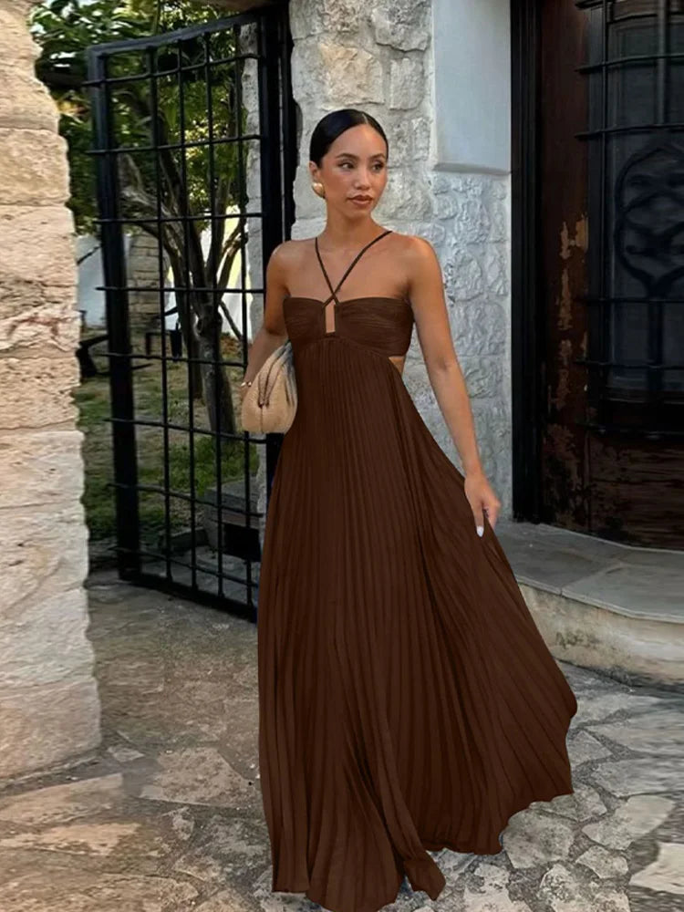 Pleated Blue Halter Maxi Dress