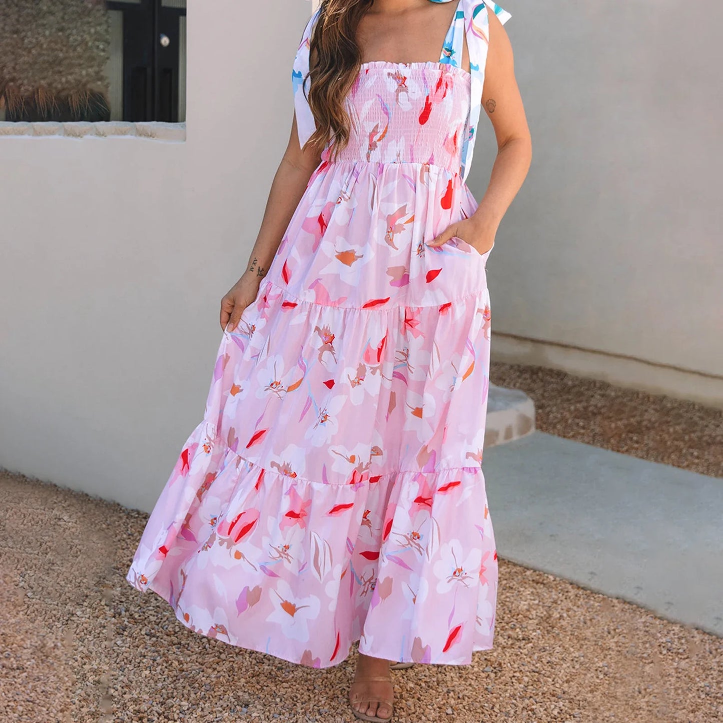 Floral Ruffle Smocked Flowy Midi Dress