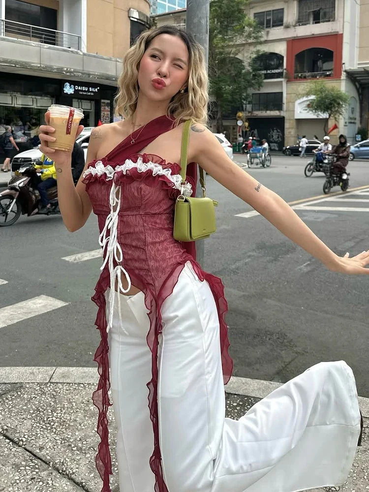 Mesh Scarf Patchwork Lace Ruffled Sheer Top