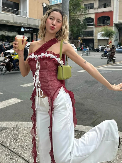 Mesh Scarf Patchwork Lace Ruffled Sheer Top