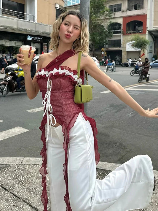 Mesh Scarf Patchwork Lace Ruffled Sheer Top