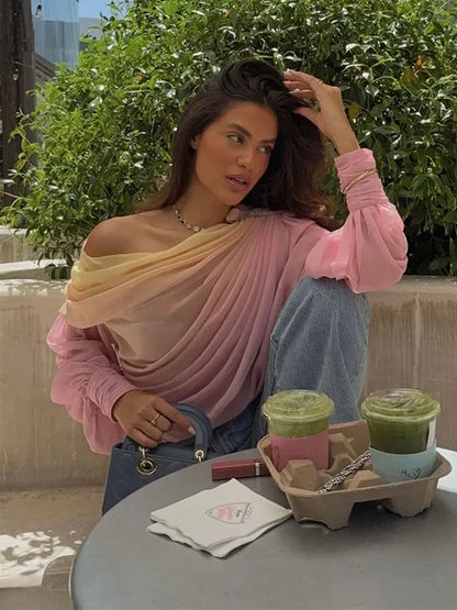 Pink Gradient Chiffon Pleated Blouse