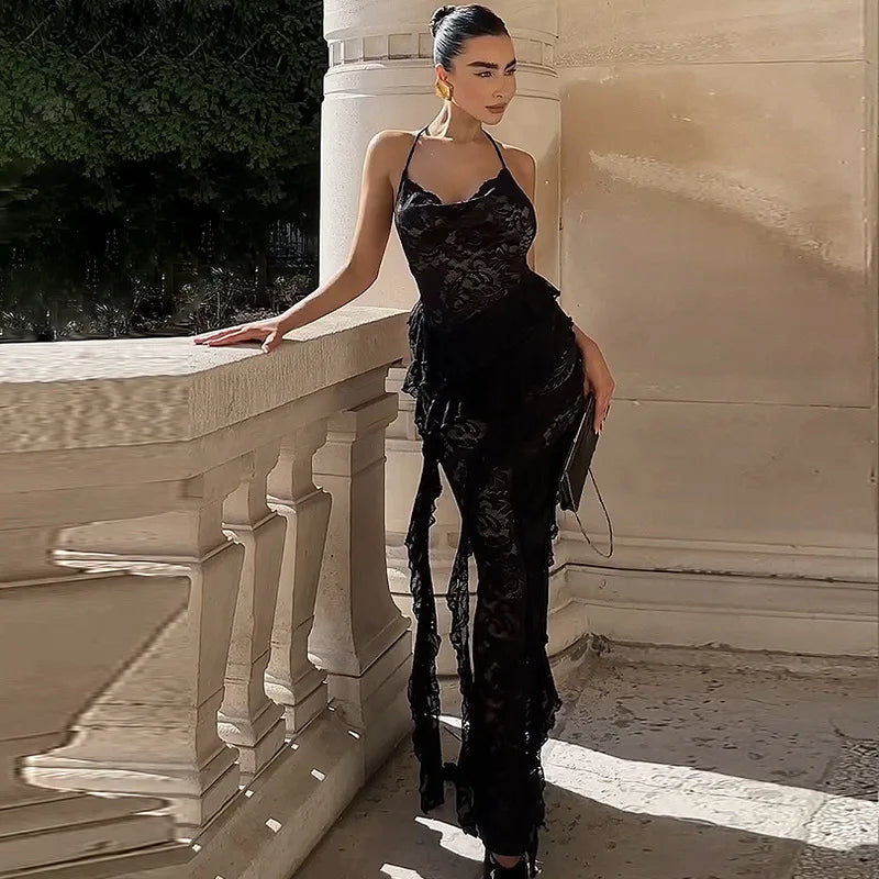 Lace Bodycon Ruffled Backless Summer Dress