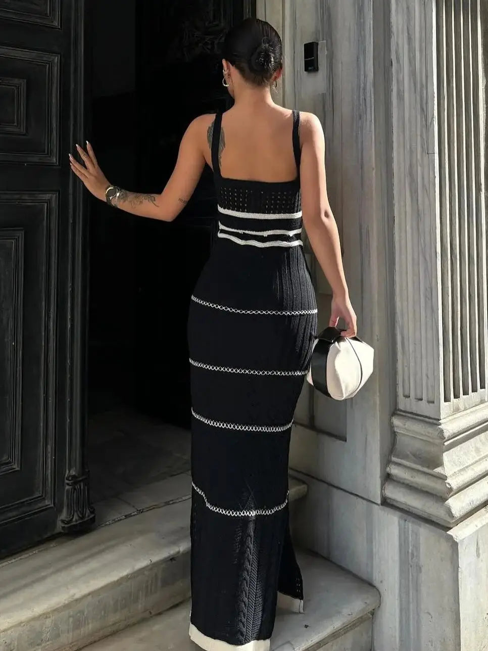 Striped Knit Backless V Neck Summer Dress