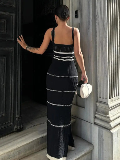 Striped Knit Backless V Neck Summer Dress