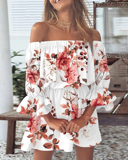 Slash Neck Flare Sleeve Mini Floral Dress