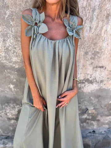 Loose Sleeveless Solid Maxi Floral Dress