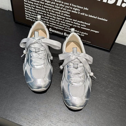Silver Air Mesh Satin Shoelaces Jogging Sneakers New Fashion Women Casual Round Toe Platform Training Shoes Footwear Trainers