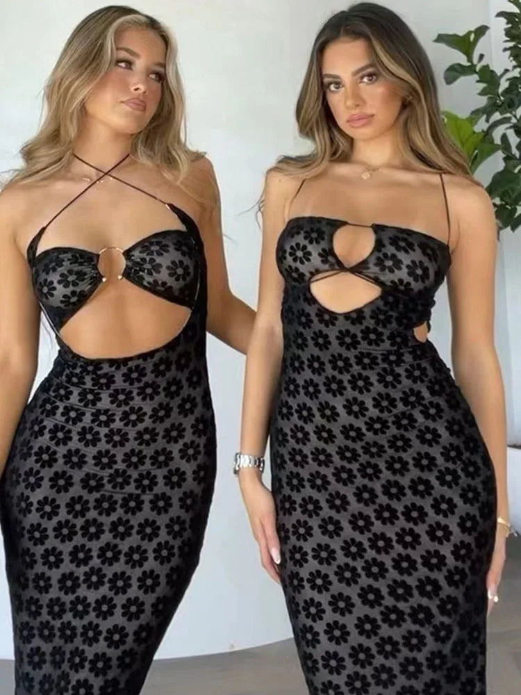 Hollow Out Hanging Neck Perspective Midi Dress