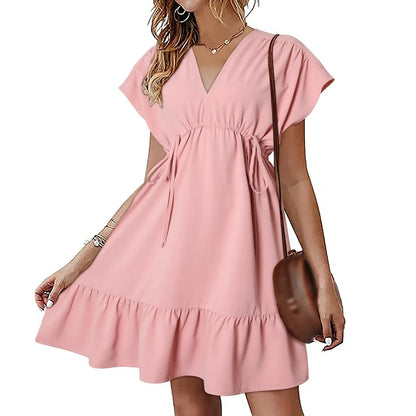 Solid Color Short Sleeve V Neck Drawstring Casual Ruffle A Line Swing Mini Summer New Dress