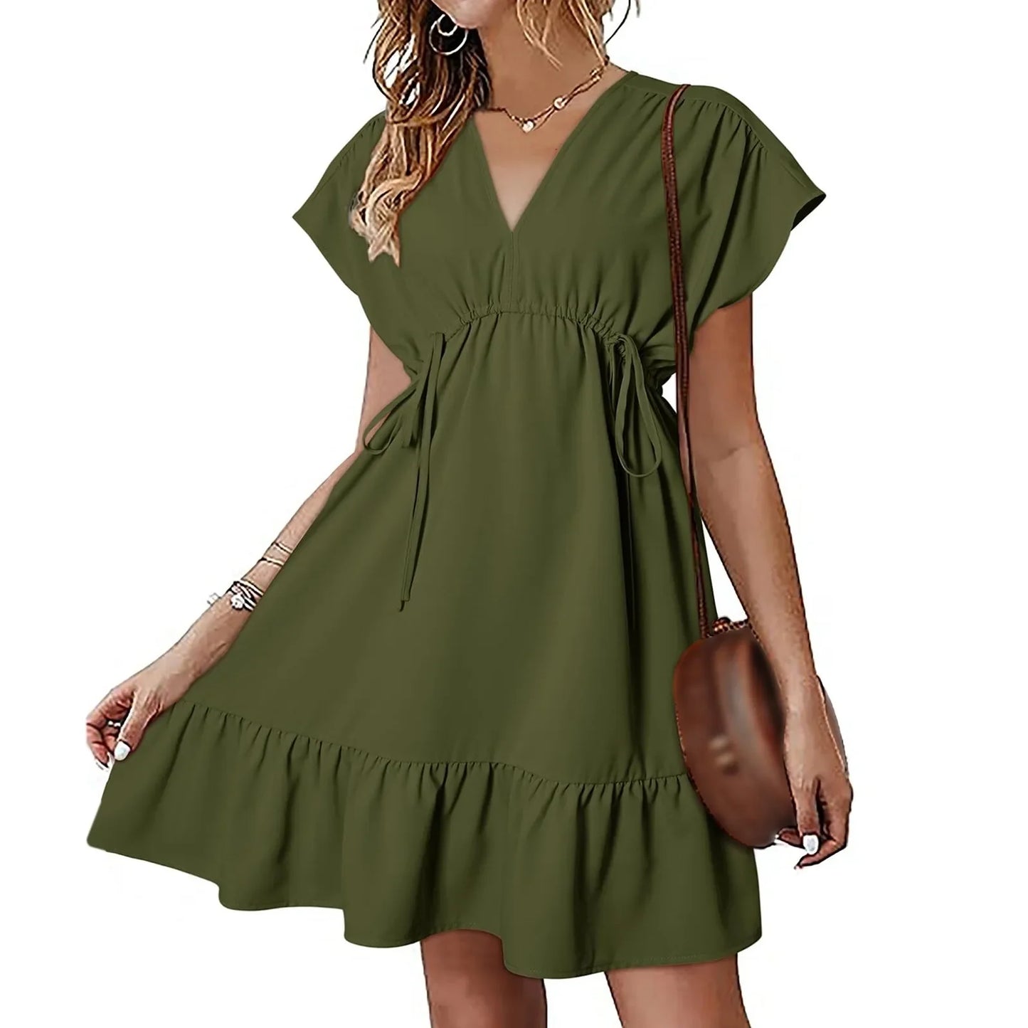 Solid Color Short Sleeve V Neck Drawstring Casual Ruffle A Line Swing Mini Summer New Dress