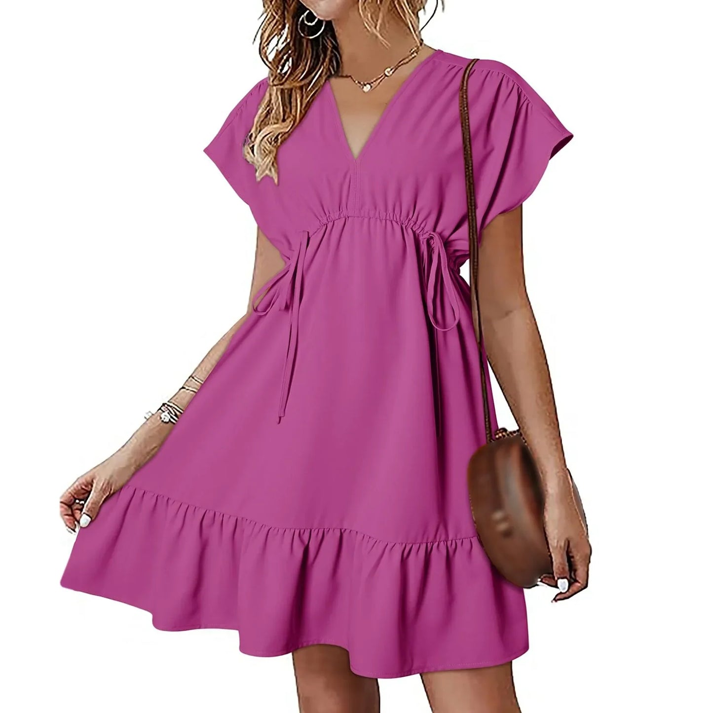 Solid Color Short Sleeve V Neck Drawstring Casual Ruffle A Line Swing Mini Summer New Dress