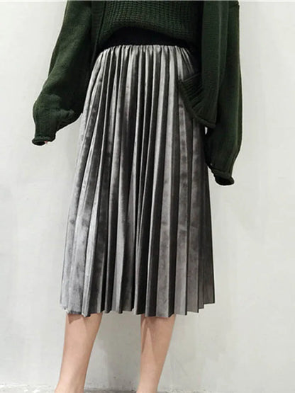 Metallic Pleated Silver High Waist Midi Dress