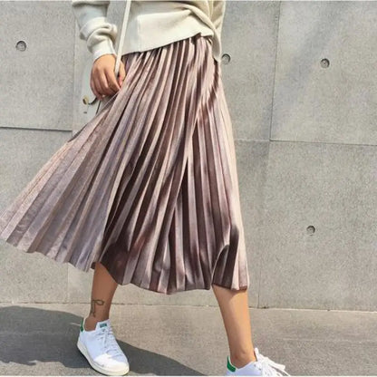 Metallic Pleated Silver High Waist Midi Dress