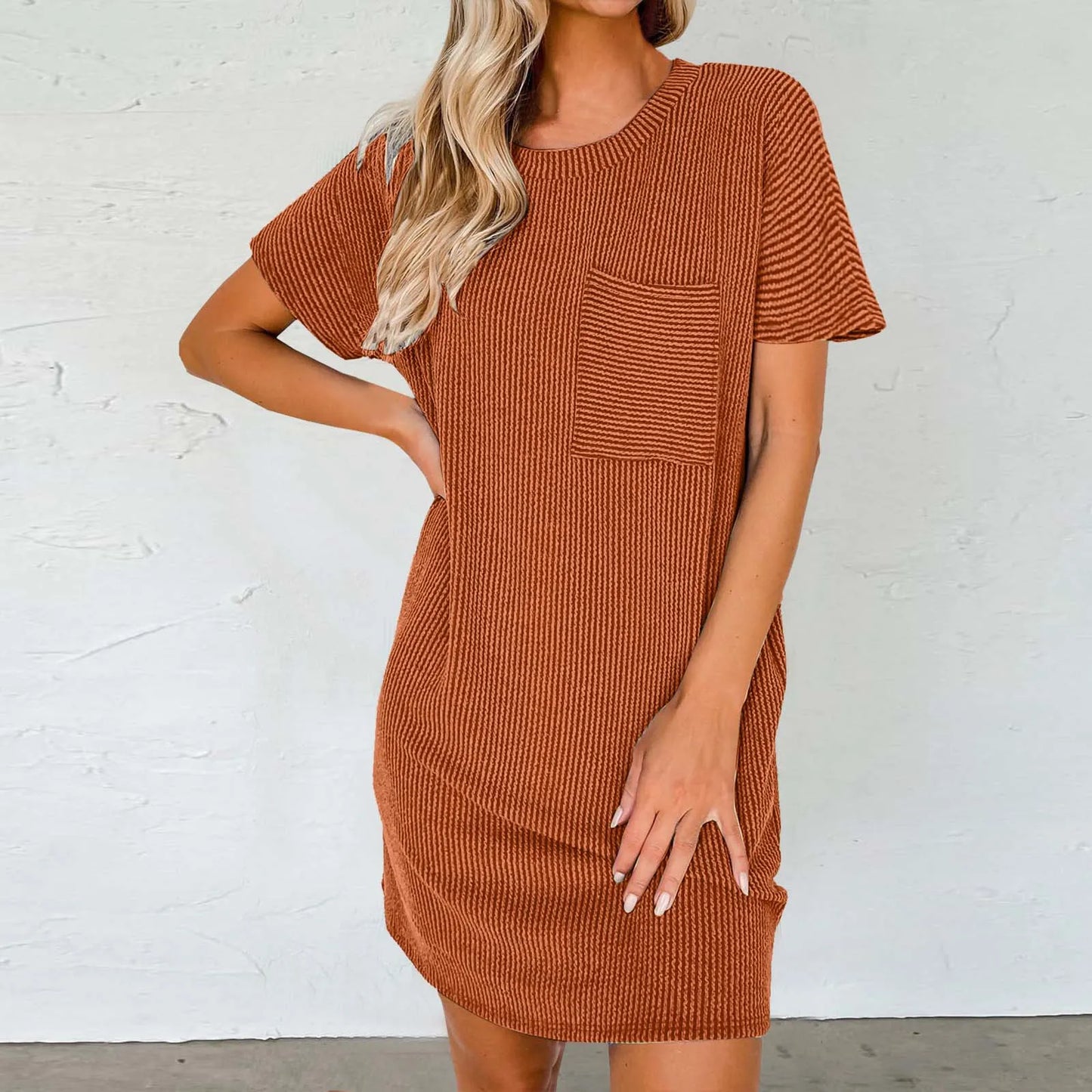 Spring Summer T Shirt Solid Color Round Neck Short Sleeved Casual Pocket Loose Striped Printed Dress