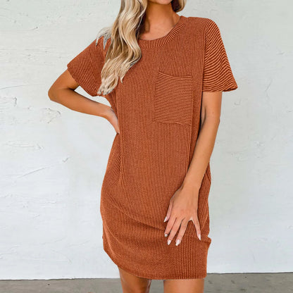 Spring Summer T Shirt Solid Color Round Neck Short Sleeved Casual Pocket Loose Striped Printed Dress