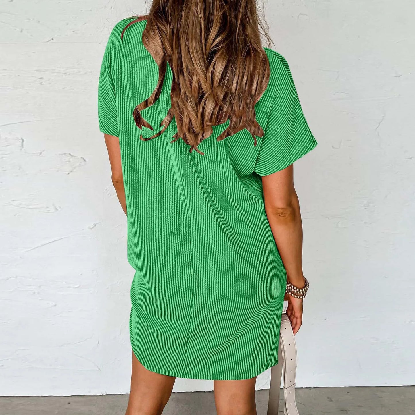 Spring Summer T Shirt Solid Color Round Neck Short Sleeved Casual Pocket Loose Striped Printed Dress