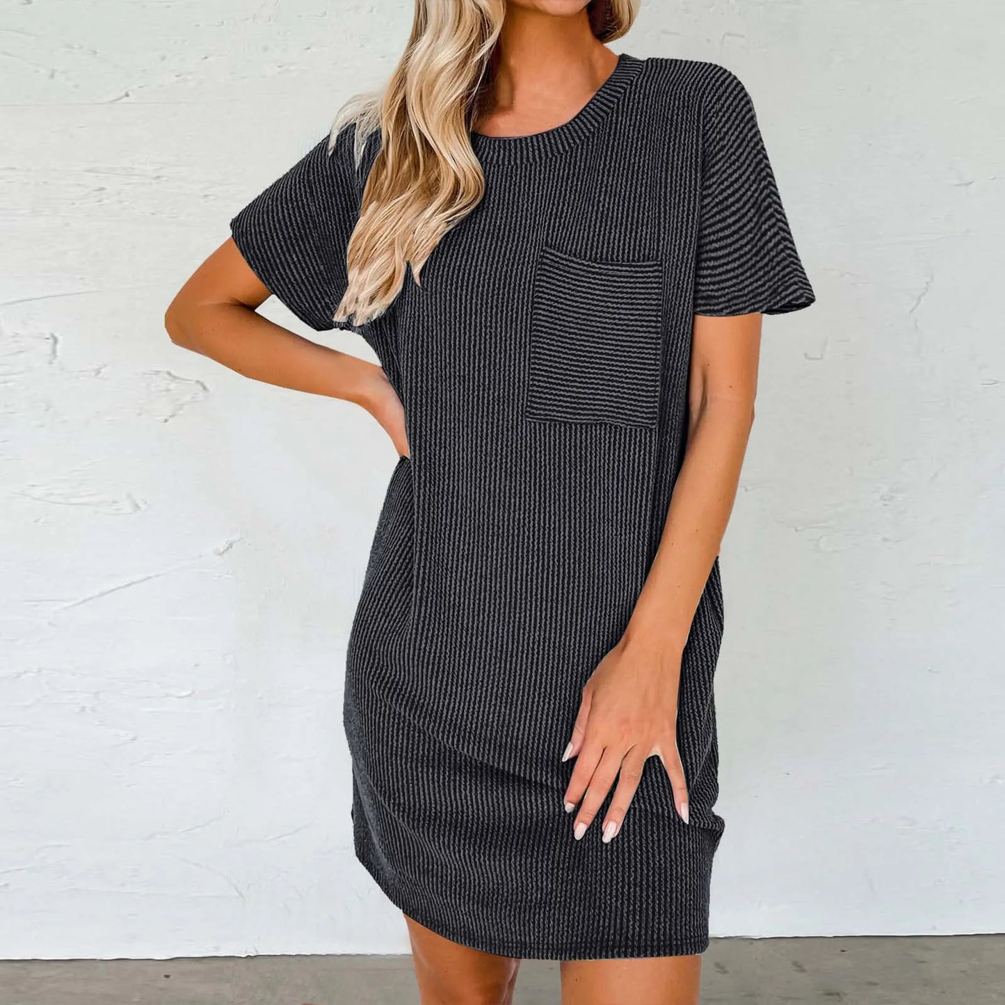 Spring Summer T Shirt Solid Color Round Neck Short Sleeved Casual Pocket Loose Striped Printed Dress