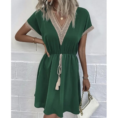 Lace V-Neck Panel Short Sleeve Midi Dress
