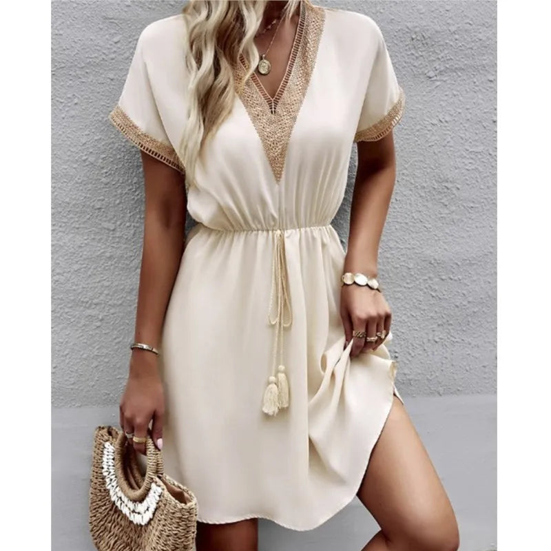 Lace V-Neck Panel Short Sleeve Midi Dress