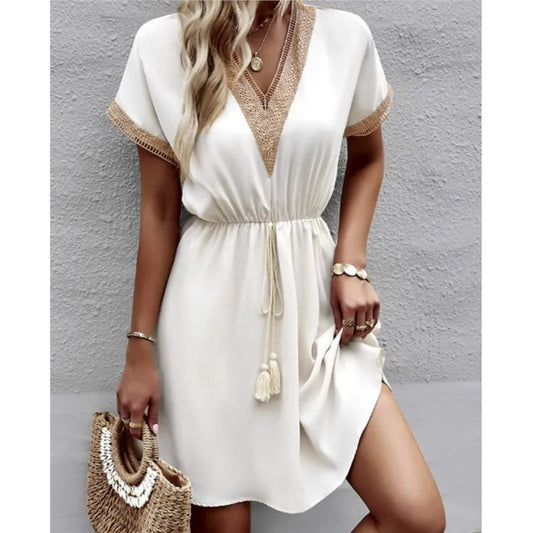 Lace V-Neck Panel Short Sleeve Midi Dress