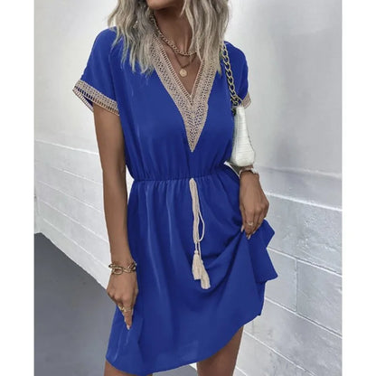 Lace V-Neck Panel Short Sleeve Midi Dress