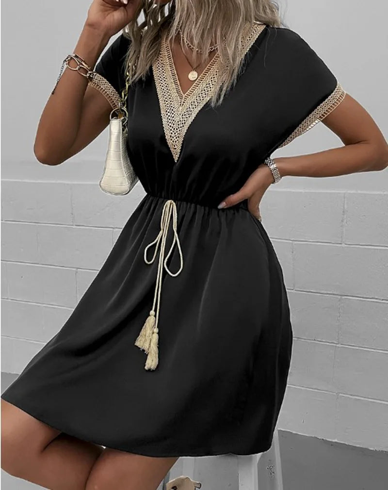 Lace V-Neck Panel Short Sleeve Midi Dress