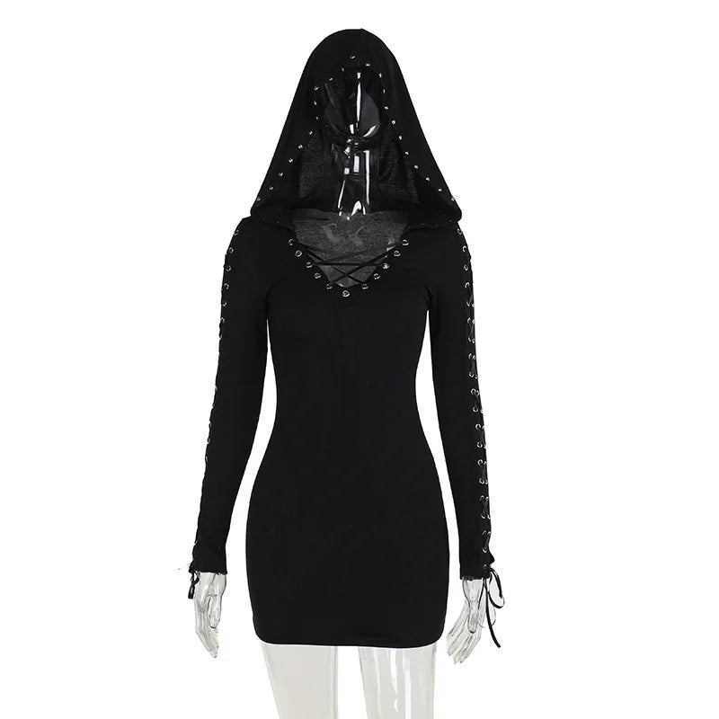 New Dark Retro Punk Street Hooded High Waist Sexy Mini Gothic Vintage Pentagram Strap Long Sleeve Dress