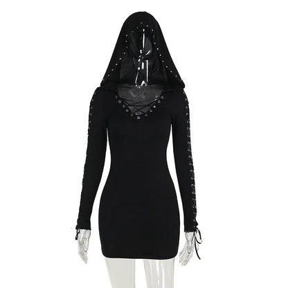 New Dark Retro Punk Street Hooded High Waist Sexy Mini Gothic Vintage Pentagram Strap Long Sleeve Dress