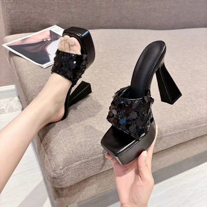 Temperamental Outdoors Platform Shoes Sexy Peep Toe Bling Square Head High-Heel High Heel