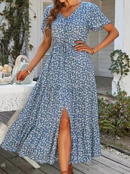 Vintage Floral Elegant Loose New Slit Holiday Leisure Print Midi Dresses