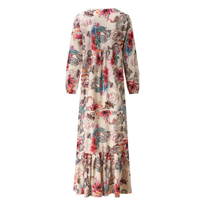 Vintage Floral Bohemian Ruffle Long Sleeve Maxi Deep V Neck Party Vestidos Dress