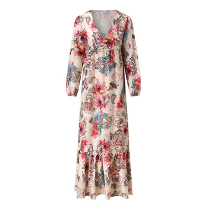Vintage Floral Bohemian Ruffle Long Sleeve Maxi Deep V Neck Party Vestidos Dress