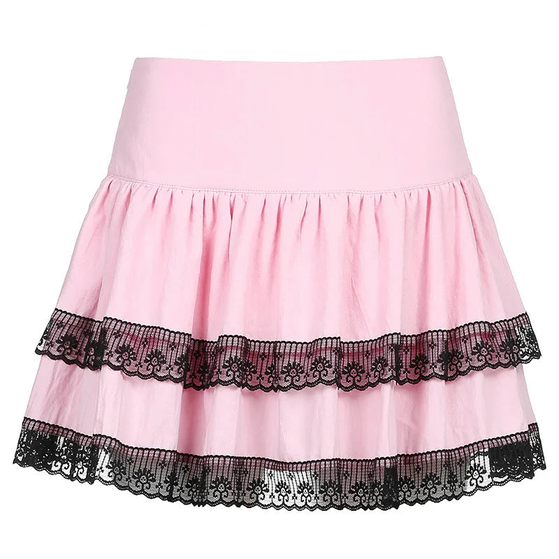 Vintage Gothic New Academy Style Pink Double Lace Stitched Skirt