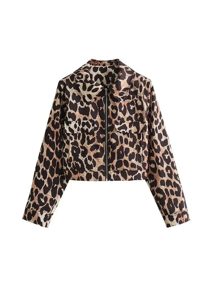 Vintage Leopard Print Bomber Elegant Lapel Long Zipper Loose 2024 Coat