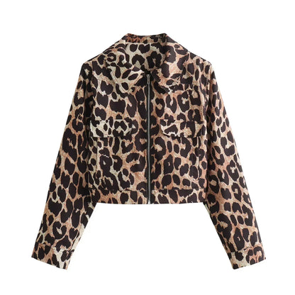 Vintage Leopard Print Bomber Elegant Lapel Long Zipper Loose 2024 Coat
