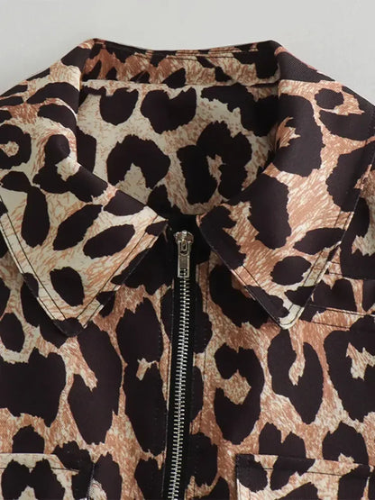 Vintage Leopard Print Bomber Elegant Lapel Long Zipper Loose 2024 Coat
