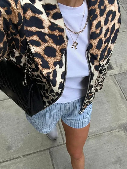 Vintage Leopard Print Bomber Elegant Lapel Long Zipper Loose 2024 Coat