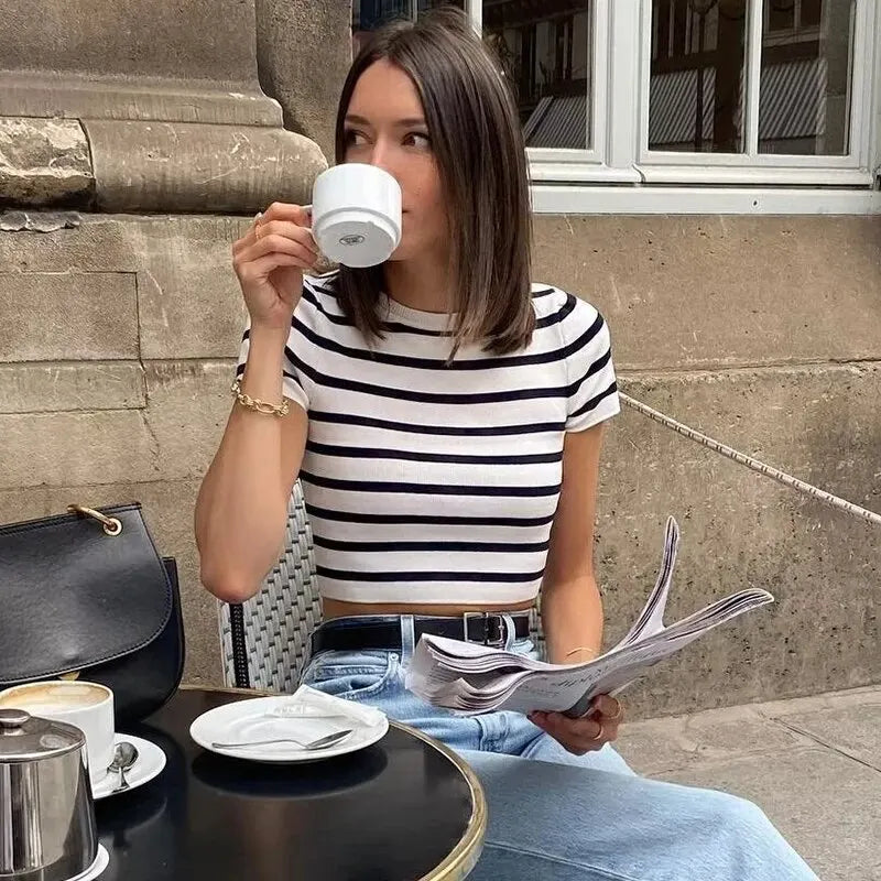 Vintage Stripped Cropped Slim Knitted Short Sweet Chic Sweater