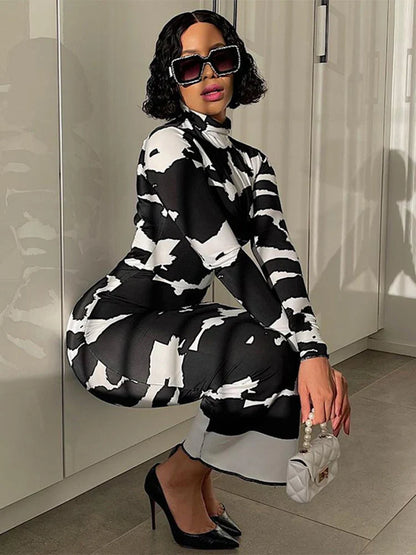Printed Long Sleeve Pencil Midi Dress