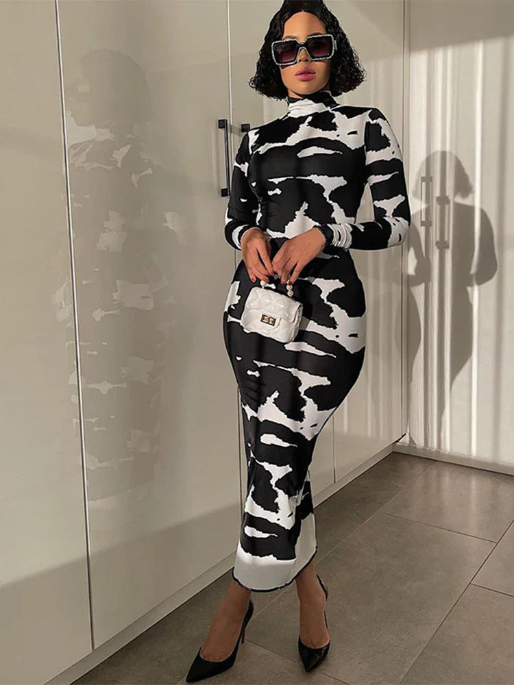 Printed Long Sleeve Pencil Midi Dress