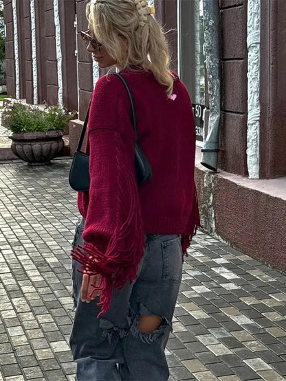 Tassels Patchwork Wine Red Knitted Cardigan Christmas Sweater