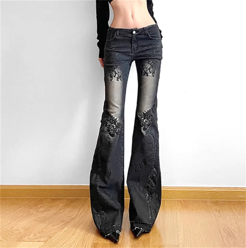 Women Gothic Y2K Flare Jeans 90s Aesthetic Low Waist Pants