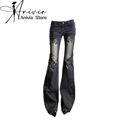 Women Gothic Y2K Flare Jeans 90s Aesthetic Low Waist Pants