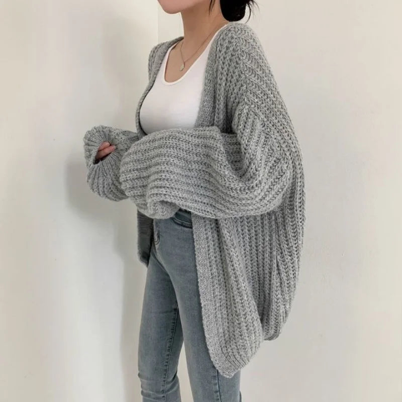 V-Neck Oversized Casual Solid Long Sleeve Lazy Elegant Holiday Y2K Streetwear Cardigan