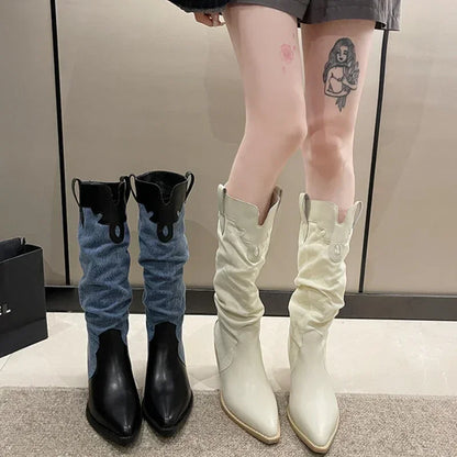 Women New Fashion Denim Vintage Pointed Pleated Platform Knee High Boots
