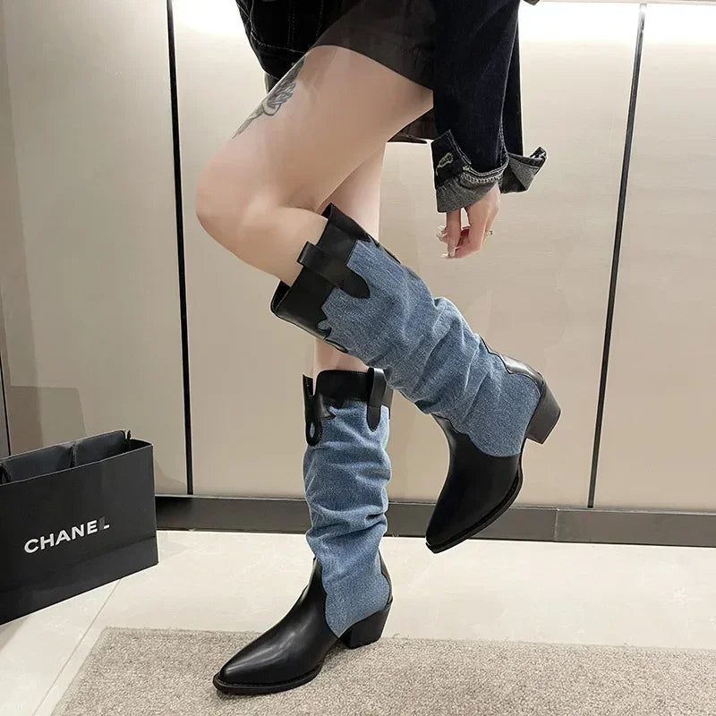 Women New Fashion Denim Vintage Pointed Pleated Platform Knee High Boots