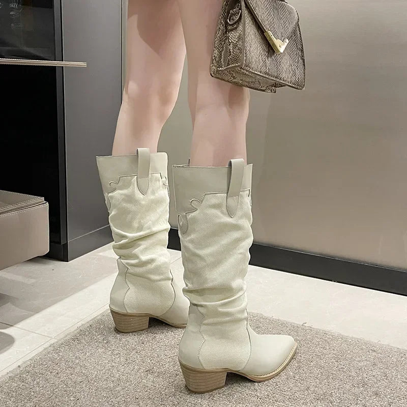Women New Fashion Denim Vintage Pointed Pleated Platform Knee High Boots