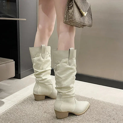 Women New Fashion Denim Vintage Pointed Pleated Platform Knee High Boots
